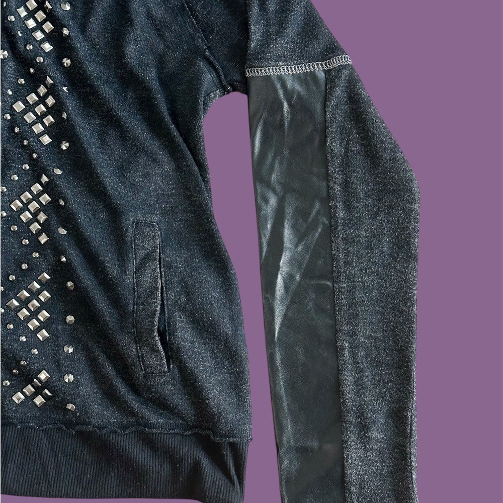 Miss Me Woman’s Large Sweater Jacket Goth Studded Heather Black Faux Leather Y2K - Picture 3 of 9